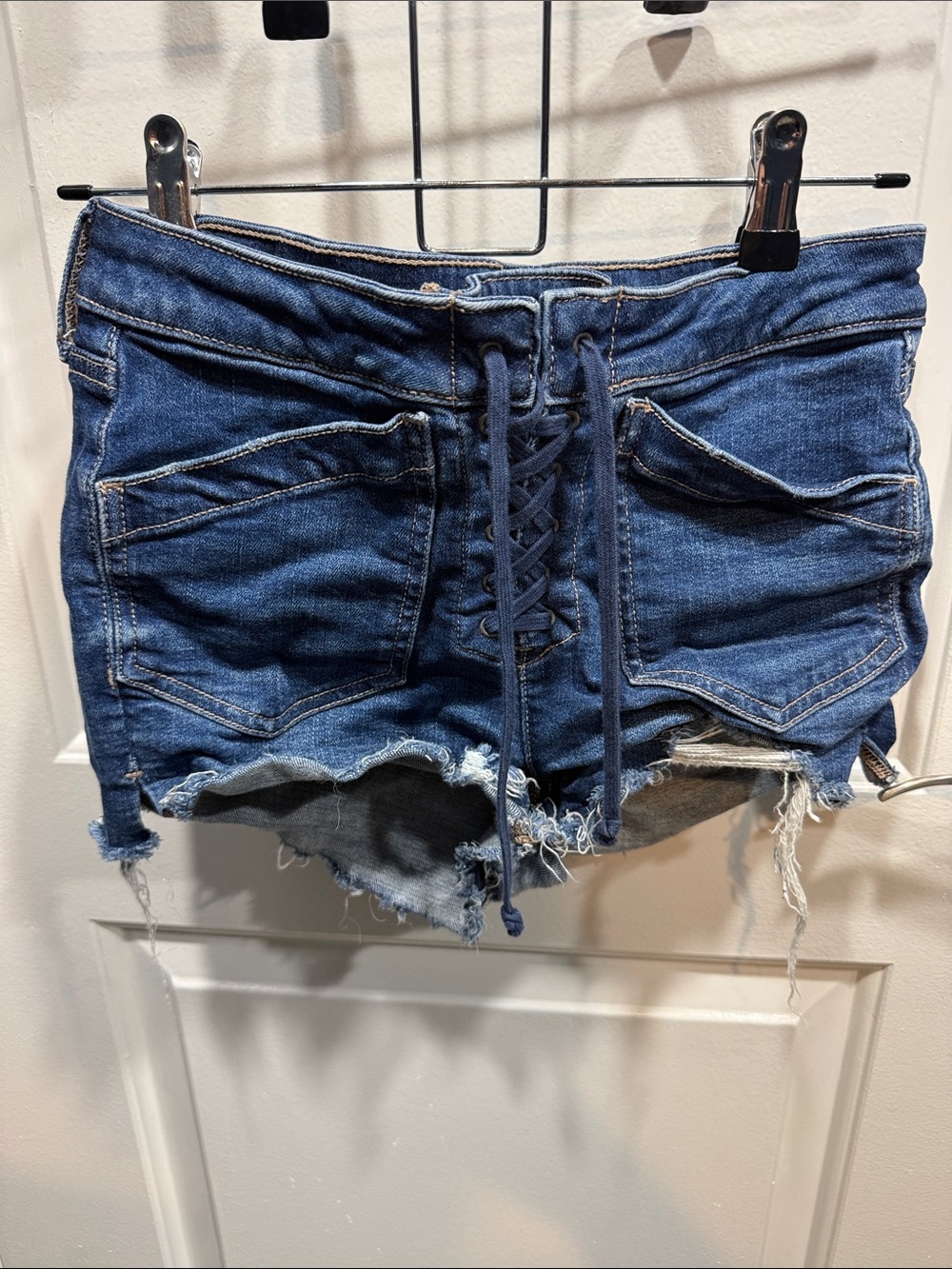 American Eagle Lace-Up Hi-Rise Shortie Distressed Denim Shorts - Dark Blue